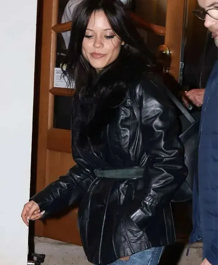 Jenna Ortega Fur Leather Black Jacket