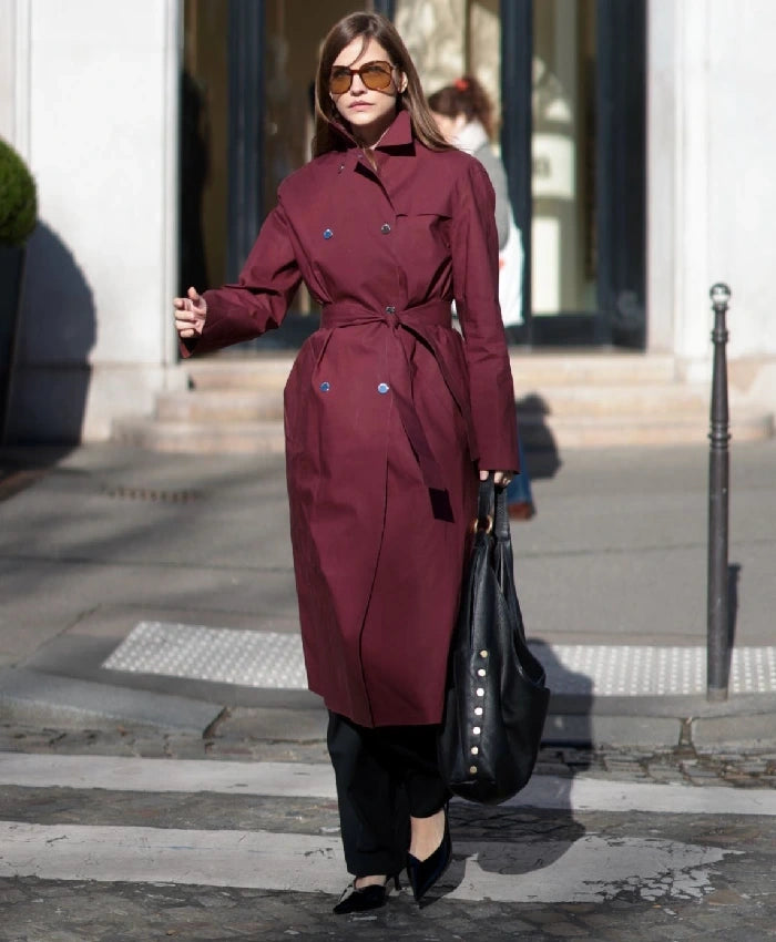 Barbara Palvin Burgundy Belted Coat