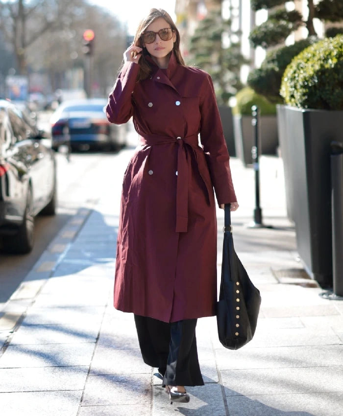 Barbara Palvin Burgundy Belted Coat