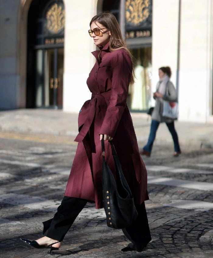 Barbara Palvin Burgundy Belted Coat