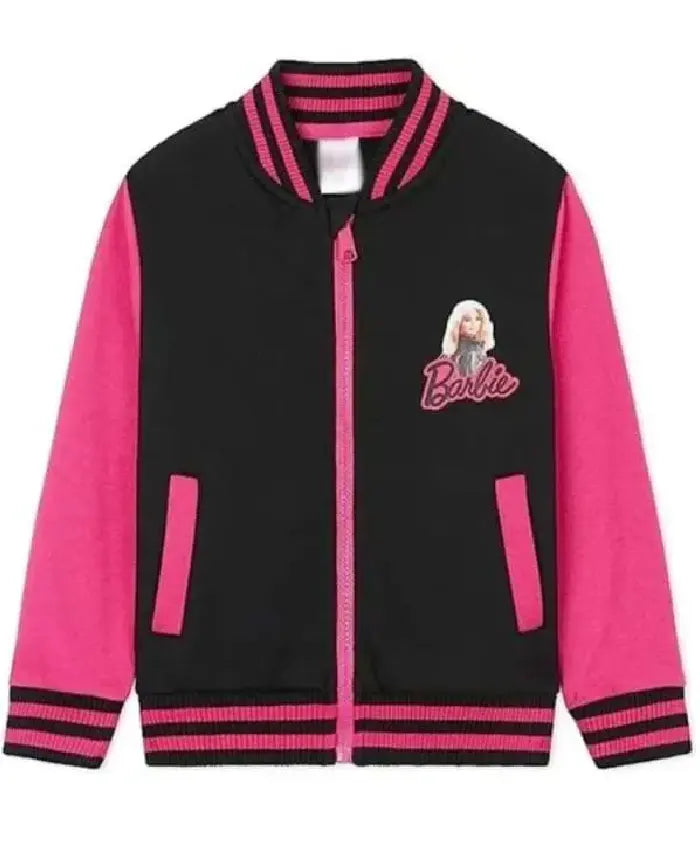 Barbie Pink and Black Wool Varsity Jacket For Women