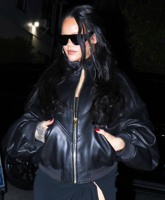 Rihanna Black Oversized Leather Bomber Jacket