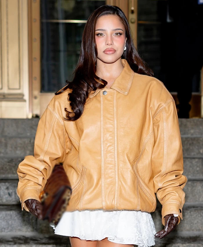 Emilia Mernes NYFW 2026 Brown Leather Jacket
