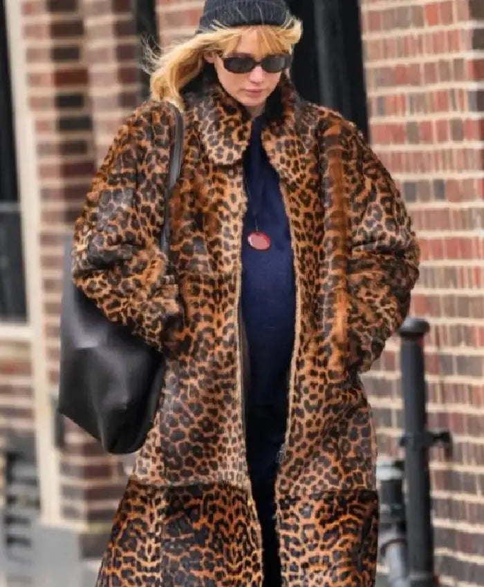 Jennifer Lawrence NYC Leopard Print Fur Coat