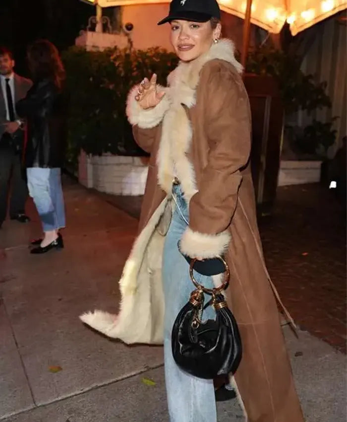 LA 2026 Rita Ora Brown Shearling Coat