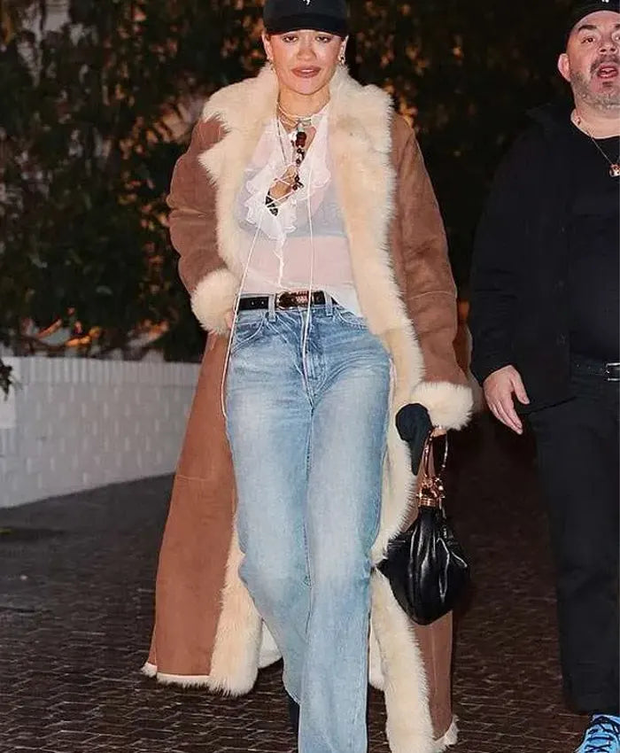 LA 2026 Rita Ora Brown Shearling Coat