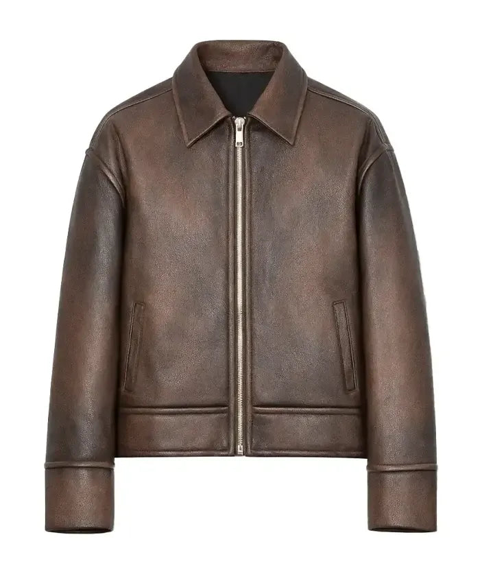 Men’s Vintage Brown Distressed Leather Bomber Jacket