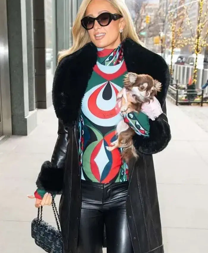 NYC Paris Hilton Black Leather Coat For Women
