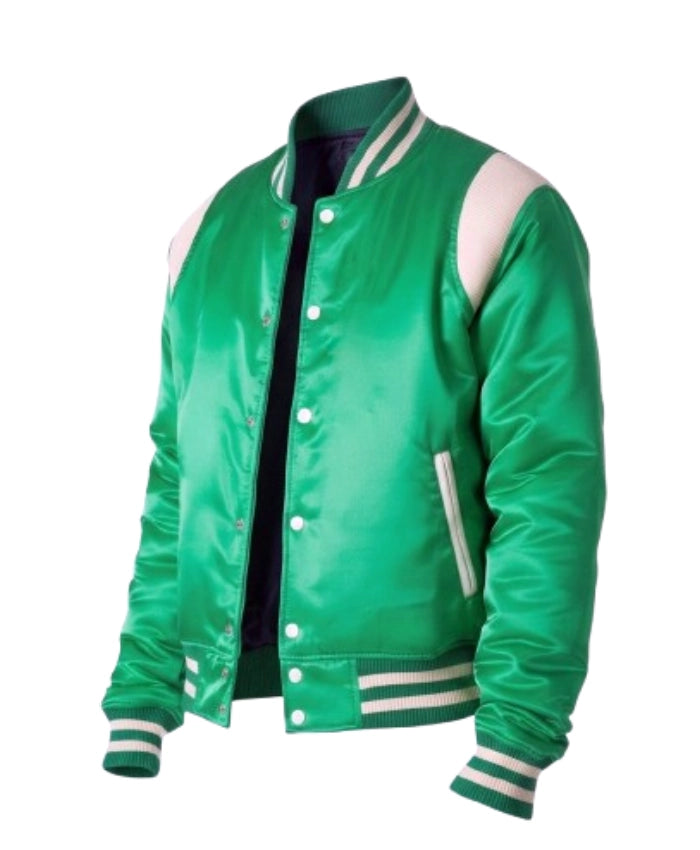 Trendy Satin Green Letterman Varsity Jacket