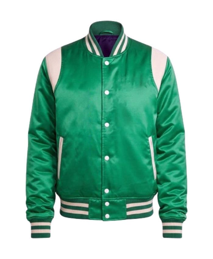 Trendy Satin Green Letterman Varsity Jacket