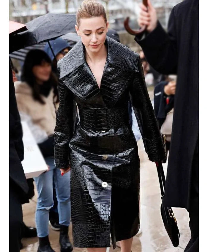 Lili Reinhart PFW 2026 Black Leather Coat