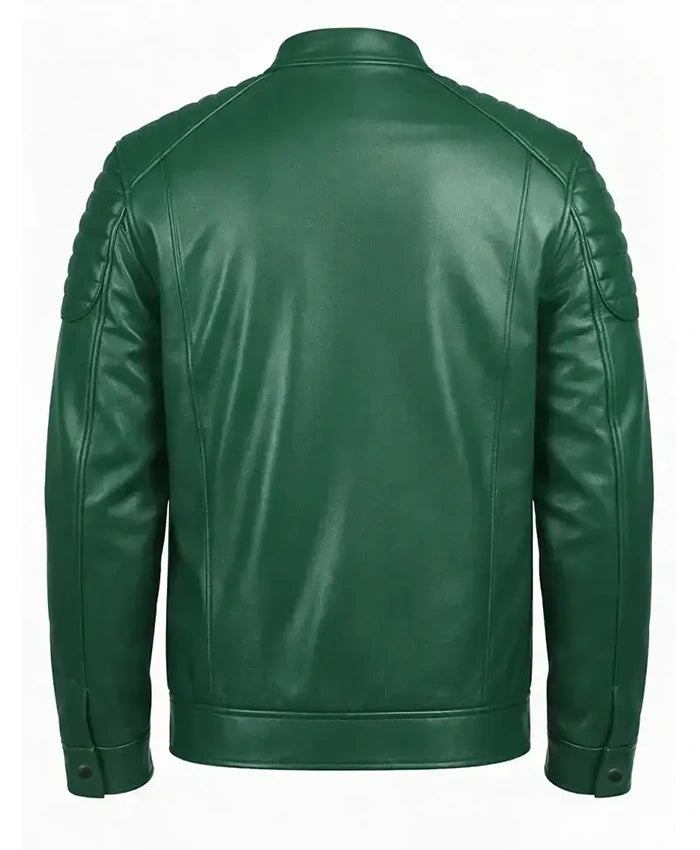 Quilted Shoulder Green Leather Jacket