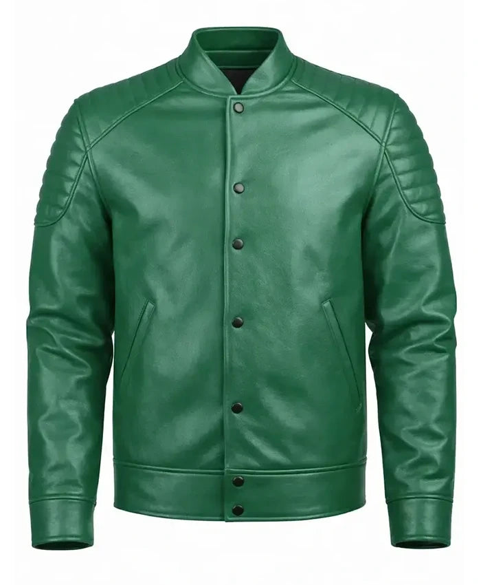 Quilted Shoulder Green Leather Jacket