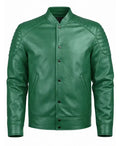Quilted Shoulder Green Leather Jacket