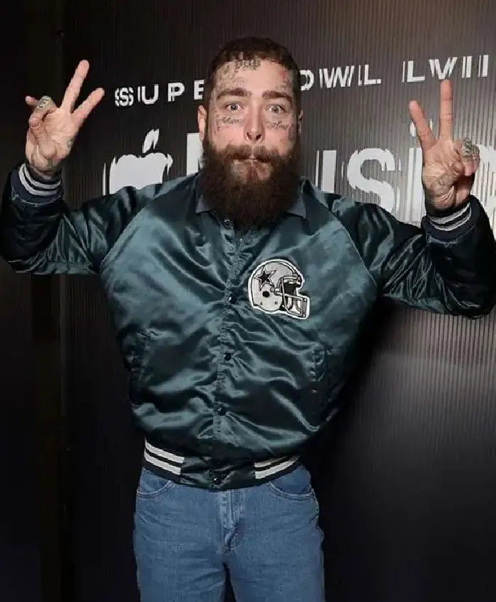 Post Malone Super Bowl LVIII Vintage Cowboys Green Satin Bomber Jacket