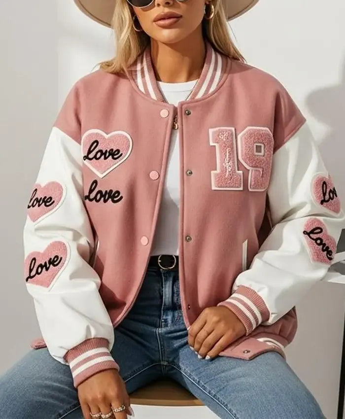 Valentine Day Pink Love Patch Varsity Jacket