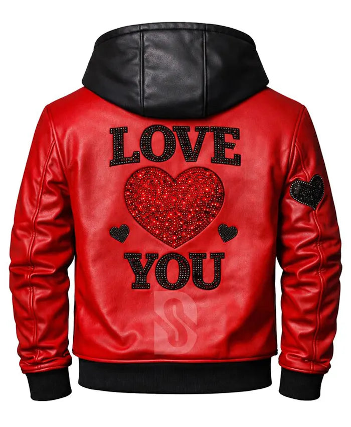 Valentine Gift Heart Red Leather Hooded Jacket
