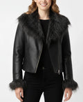 Womens Black Leather Jacket with Fur Collar