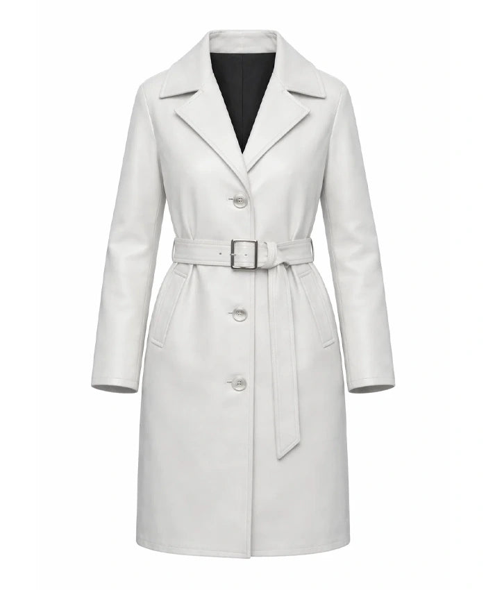 Womens White Belted Leather Coat