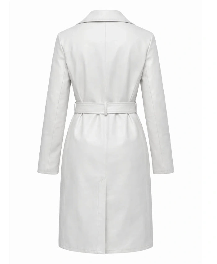 Womens White Belted Leather Coat