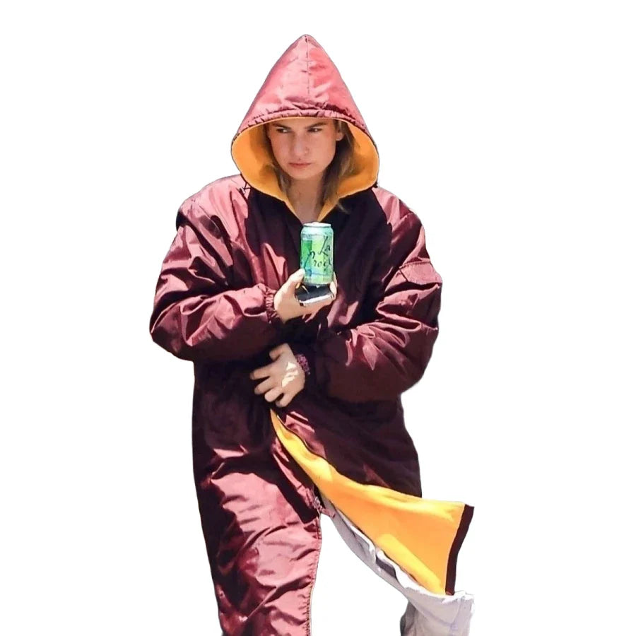 Lily James Swiped Maroon Coat